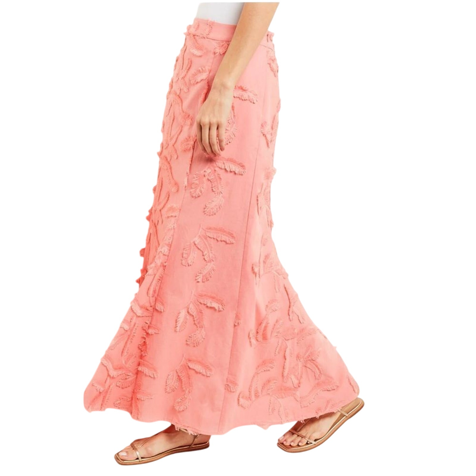 Misook Woven Fringe Floral Applique Pleated A-Line Coordinating Maxi Skirt Xs